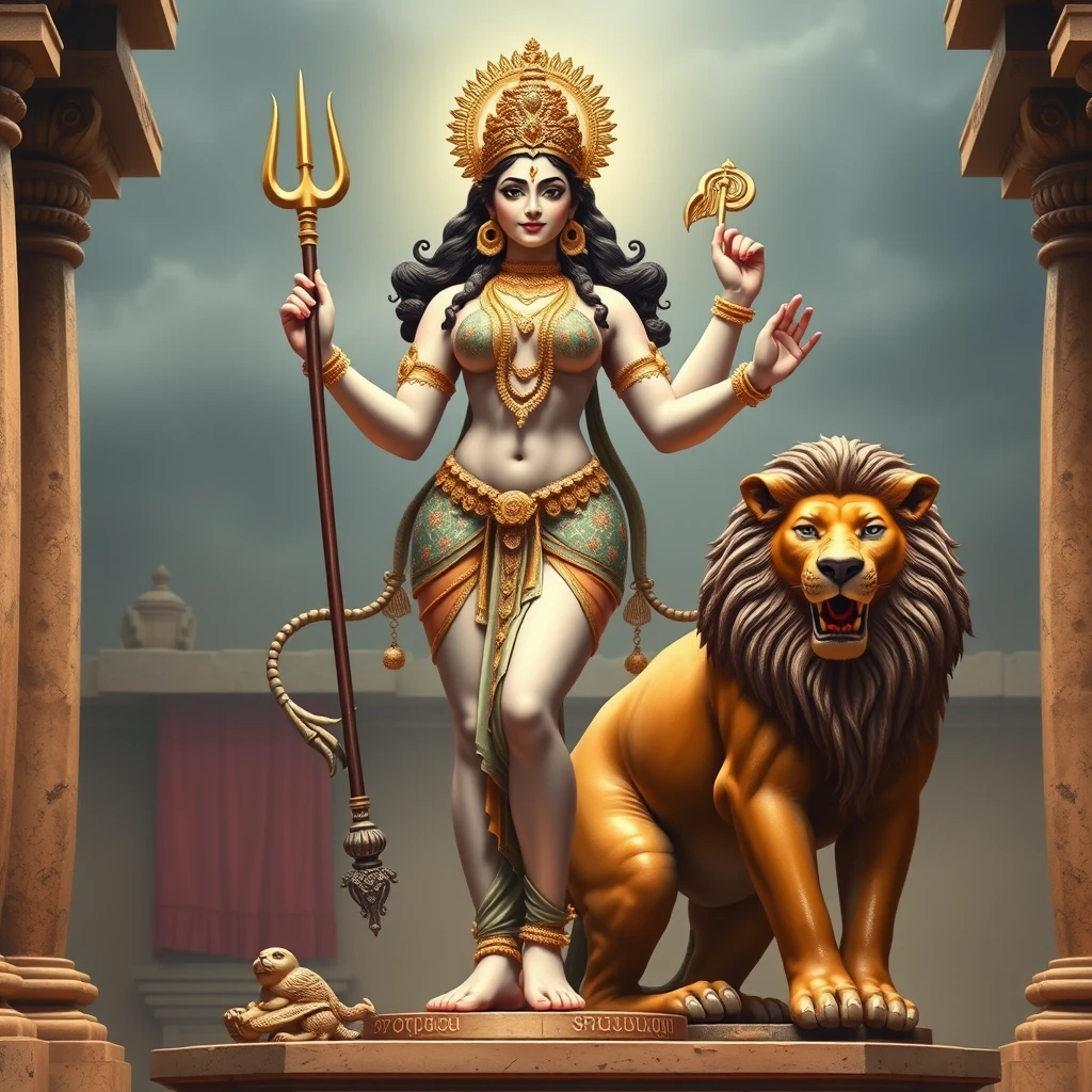 A sexy-looking youthful goddess Kamakshi with four arms and a trident, standing next to a male lion on a temple altar.