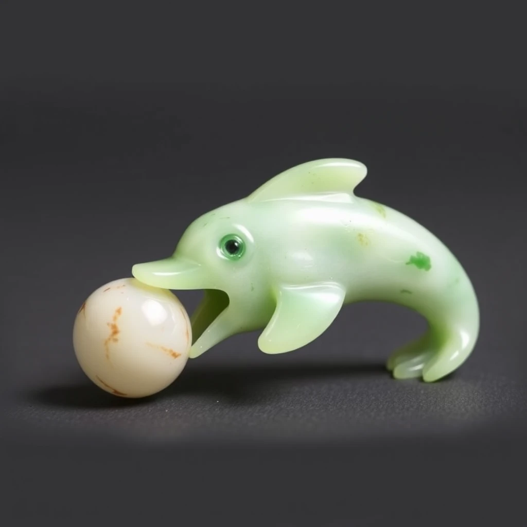 A dolphin made of jade, holding a ball in its mouth. - Image