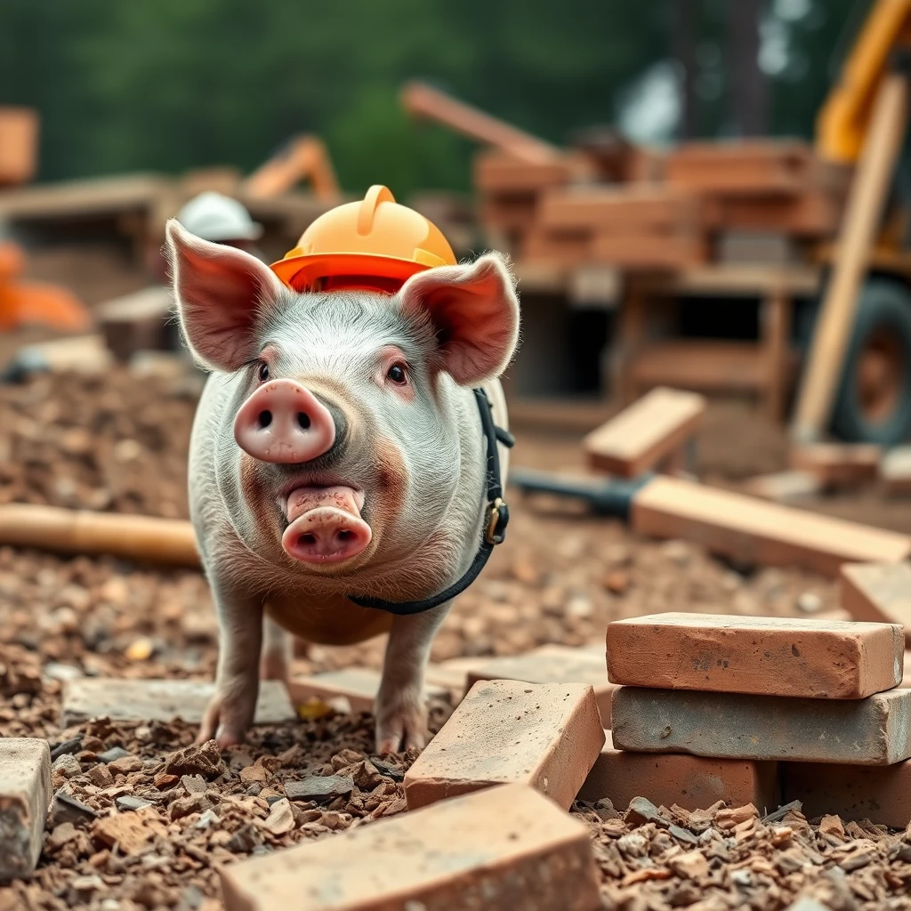 "The working pig is moving bricks on the construction site." - Image