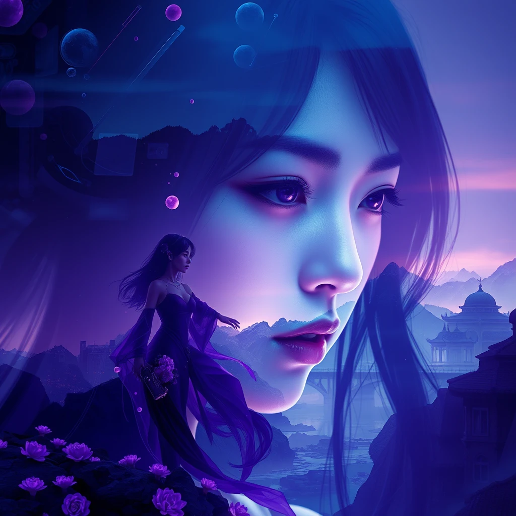 Multiple exposure, Alphonse Mucha's art, Taiwan beauty, violet, character design, rendering, biomechanics, science fiction, volumetric lighting, beautiful scenery, detailed face, dramatic colors. - Image