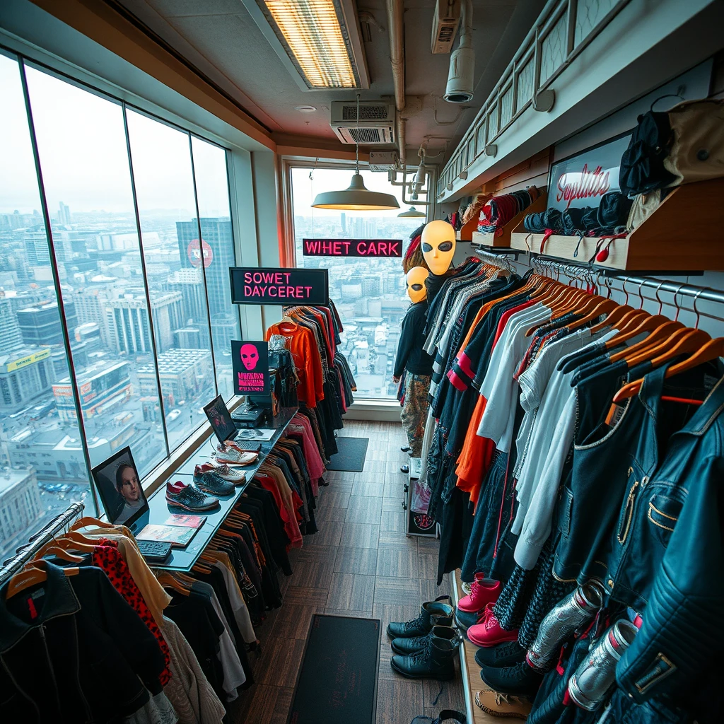 Women's wear shop, aerial view, sweet cyberpunk style. - Image