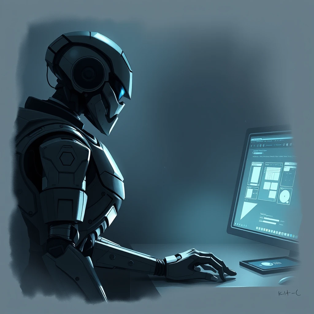 Futuristic sci-fi, a robot facing a computer, dim scene, weak light source, Concept Design, Game Design, Artstation.