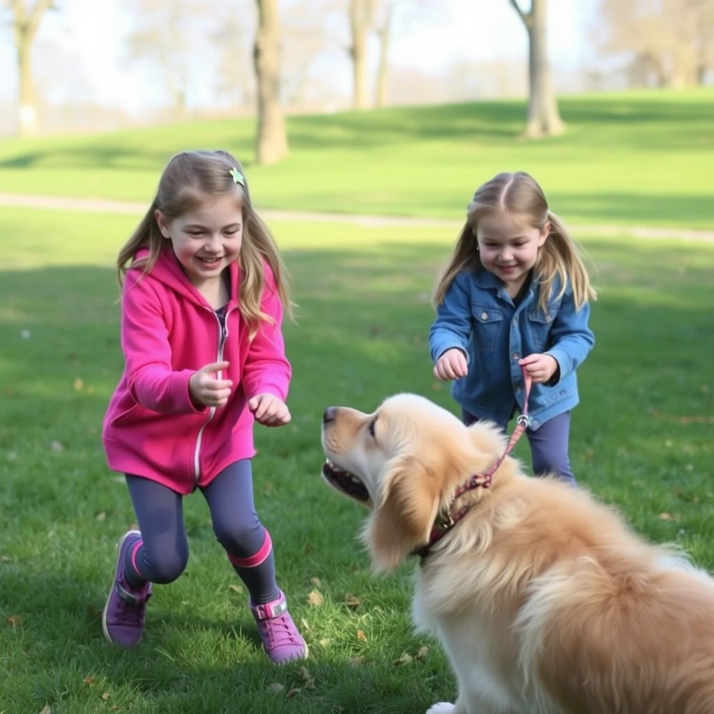 Two girls (10 and 4 years old) playing fetch with a golden retriever in a park.