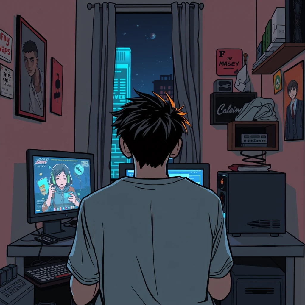 "At night in a small room, a young man is facing a computer and playing games with his back to the camera, in a cyberpunk comic style."