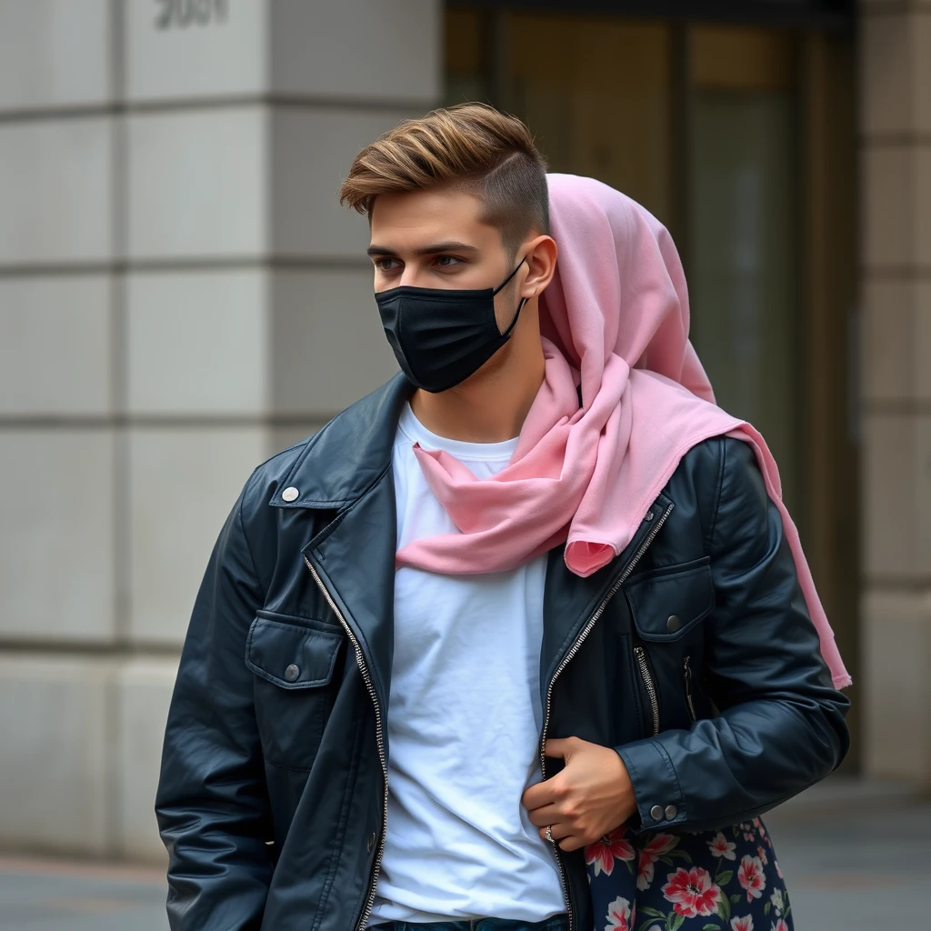 Jamie Dornan's face, hair and body shot, handsome, young, shaved, white T-shirt, blue jacket, jeans, dating love with biggest soft pink hijab, black leather jacket, face mask black, biggest floral skirt, hyper realistic, street photography.