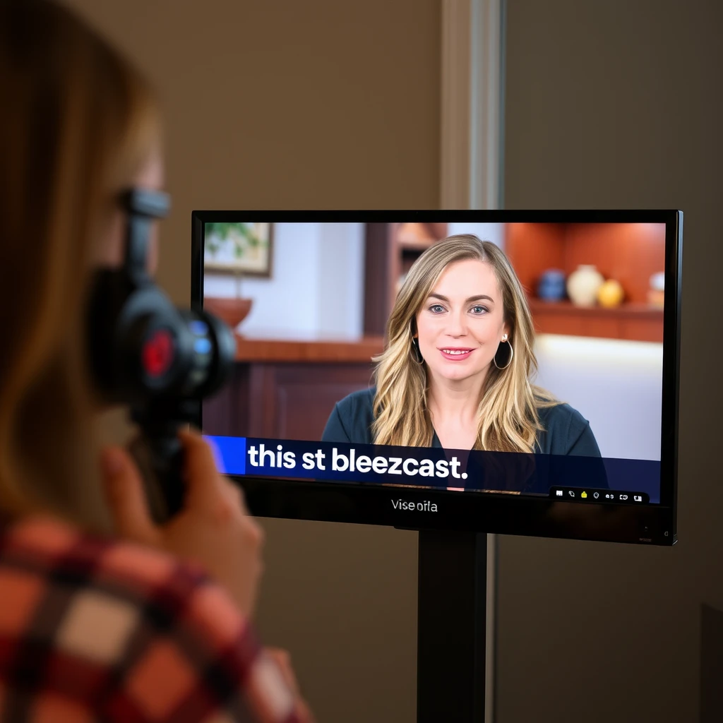 A woman is live streaming, and the screen displays "this buzzcast." - Image