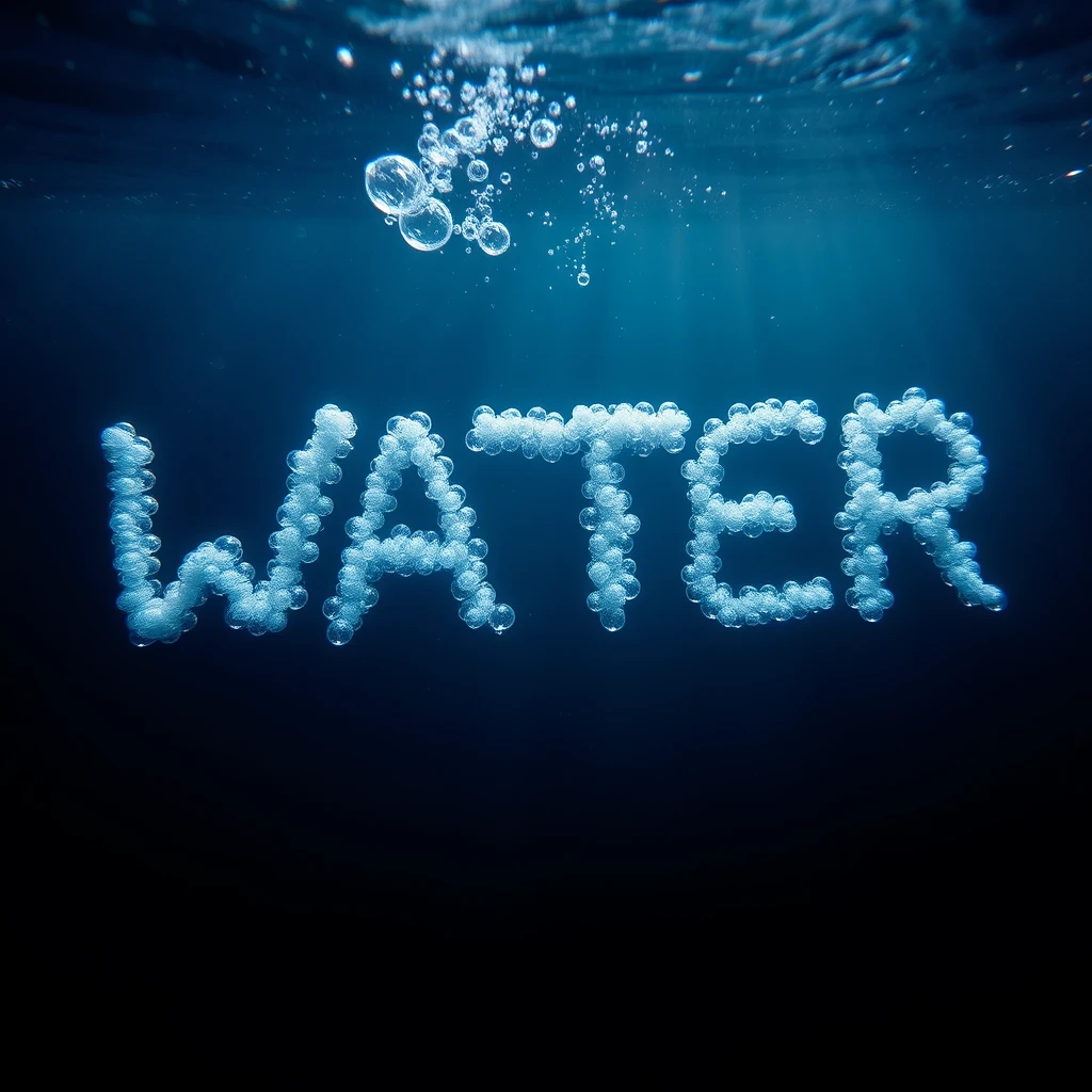 "Words formed under water using bubbles. It says WATER." - Image