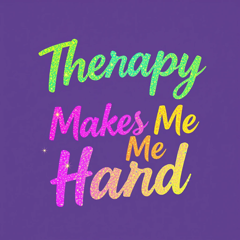 T-shirt design of fantastic vibrant glittery but ethereal text that says "Therapy Makes Me Hard"