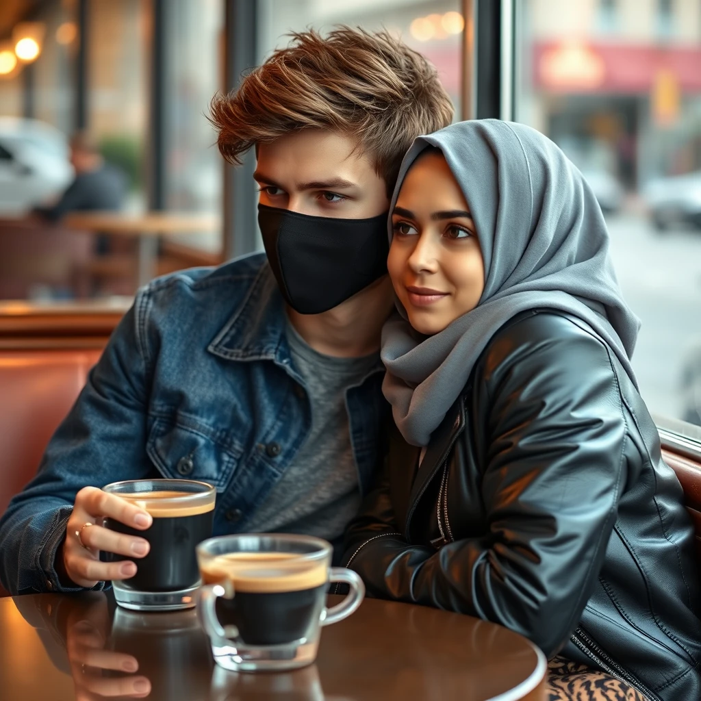 Jamie Dornan's head and body shot, handsome, face mask black, blue jeans jacket, jeans, dating with a grey hijab Muslim girl, beautiful eyes, face mask black, black leather jacket, biggest tiger pattern skirt, at a cafe, 2 cups of espresso on a table, photorealistic.