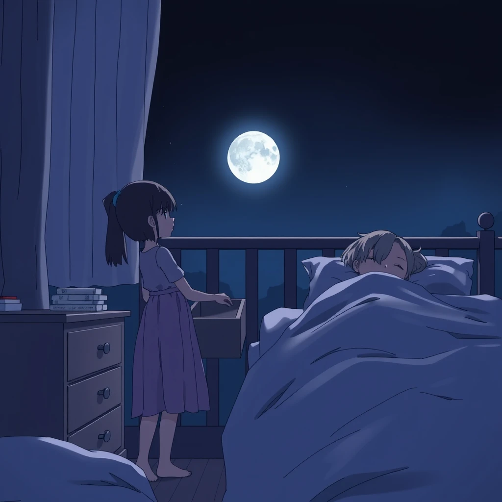 Side view of the bed where a woman is sleeping while her daughter, standing nearby, is opening a drawer; dark night, moonlight, atmosphere, anime, outline. - Image