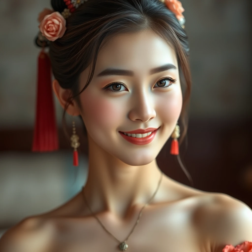 masterpiece, best quality, gorgeous pale chinese cute girl, smiling, (hanfu),)(open clothes:1.2),(topless,nude:1.2),small breasts, perfectly symmetrical face, detailed skin, elegant, alluring, attractive, amazing photograph, masterpiece, best quality, 8K, high quality, photorealistic, realism, art photography, Nikon D850, 16k, sharp focus, masterpiece, breathtaking, atmospheric perspective, diffusion, pore correlation, skin imperfections, DSLR, 80mm Sigma f2, depth of field, intricate natural lighting, looking at camara
