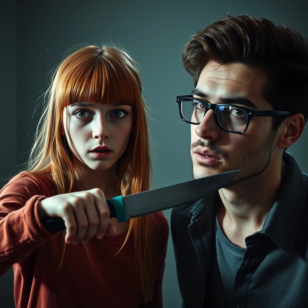 A horror scene; a short, skinny teenage girl with long ginger hair and bangs, green eyes, using a knife to cut a tall young Italian white guy who wears glasses.