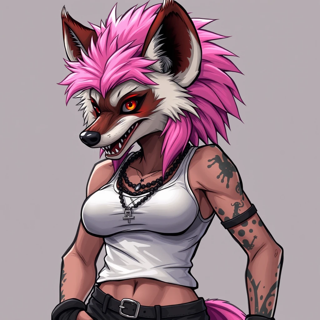 An anthro female hyena, pink fluffy hair, punk, white tank top, clothing, heavy chest, tall, wide hips.