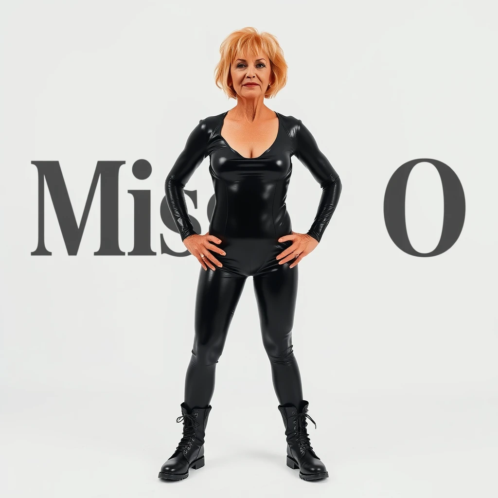 Extra wide shot of a 50 year old woman with short wavy blond hair and a round face wearing a skin tight shiny black latex catsuit standing up, small breasts, legs apart, white background, shiny black army boots, muscular arms, hands on hips, raunchy, sexy, the text "Miss O" in large black letters in the background.