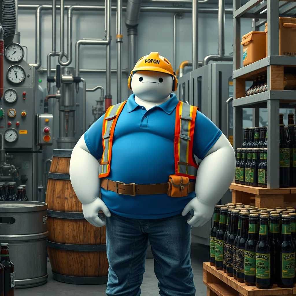 Baymax in a beer bottling facility surrounded by machinery, a barrel, gauges, measuring instruments, pallets, beer bottles, dressed in a blue polo shirt covering his entire torso, safety equipment, a reflective vest, blue jeans, and a yellow helmet with the word POPON written on it.