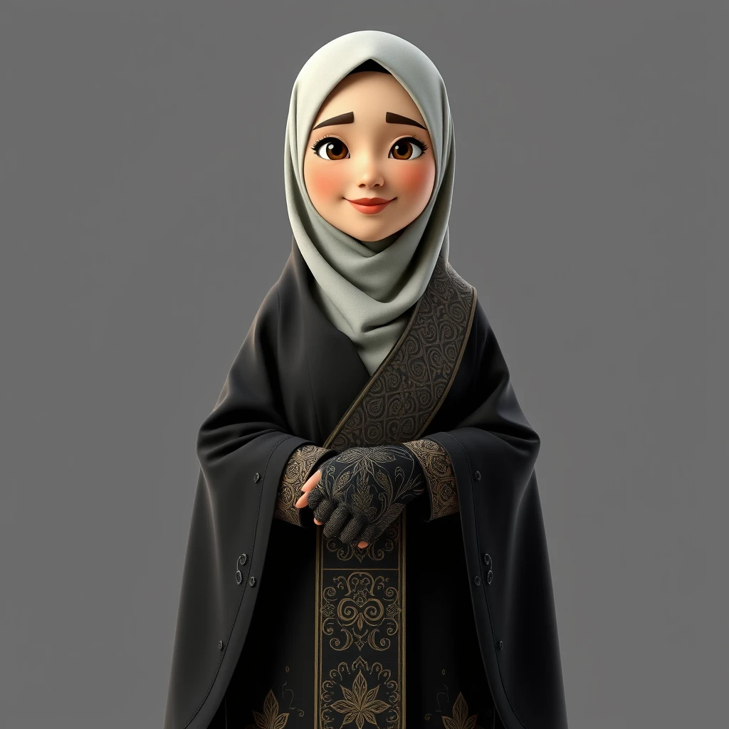 A 3D, 8k animated cartoon depiction of a Muslim woman from Palembang, wearing a traditional long songket and a long gown (gamis). She is adorned with a hijab that covers her chest and wears batik gloves covering her hands.