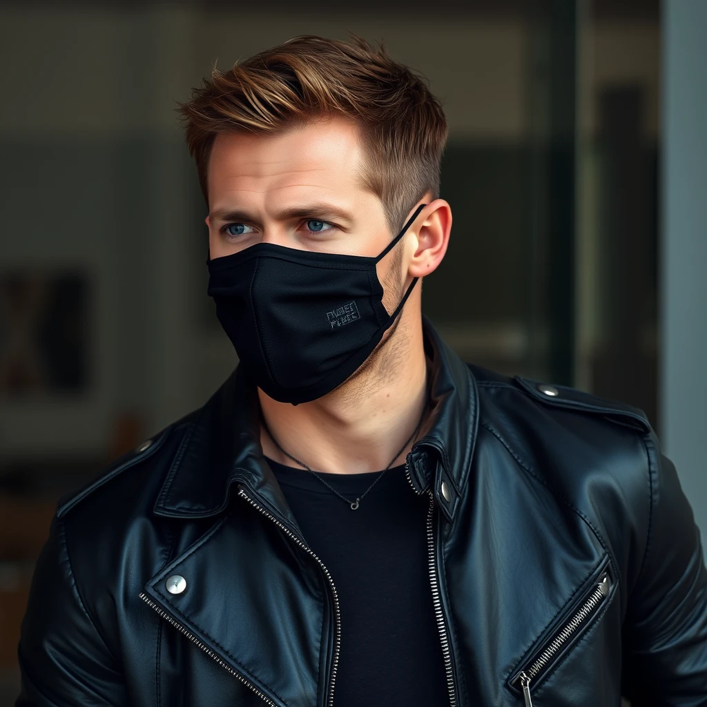 Jamie Dornan, handsome, black face mask, black leather jacket, hyper-realistic.