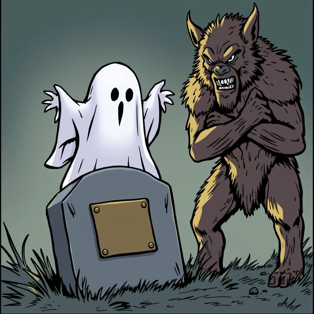 Comic: A ghost on its gravestone with a brass plaque, before it a hunched werewolf with folded hands.