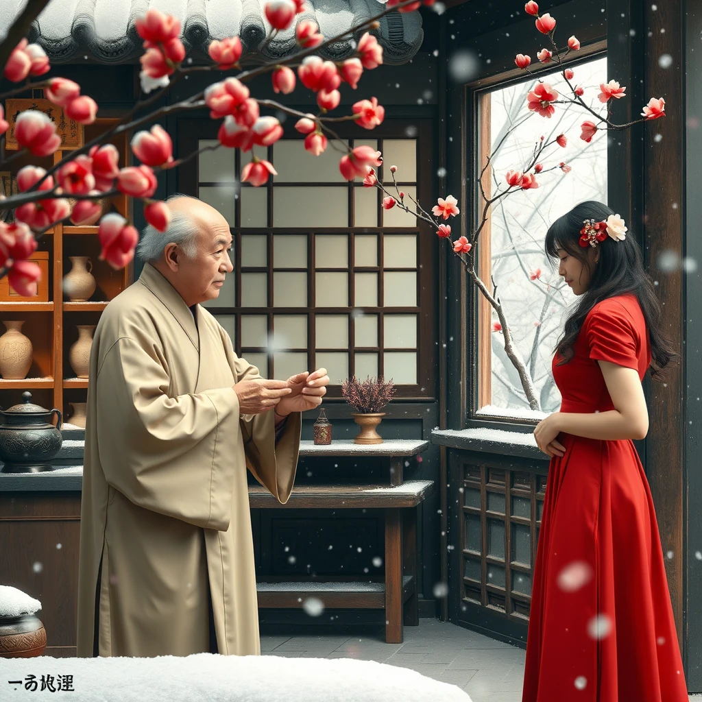 In the quaint traditional Chinese medicine clinic, an elderly man in a Taoist robe checks the pulse of a young woman in a red dress, while outside, the red plum blossoms bloom fiercely amidst the falling snow.