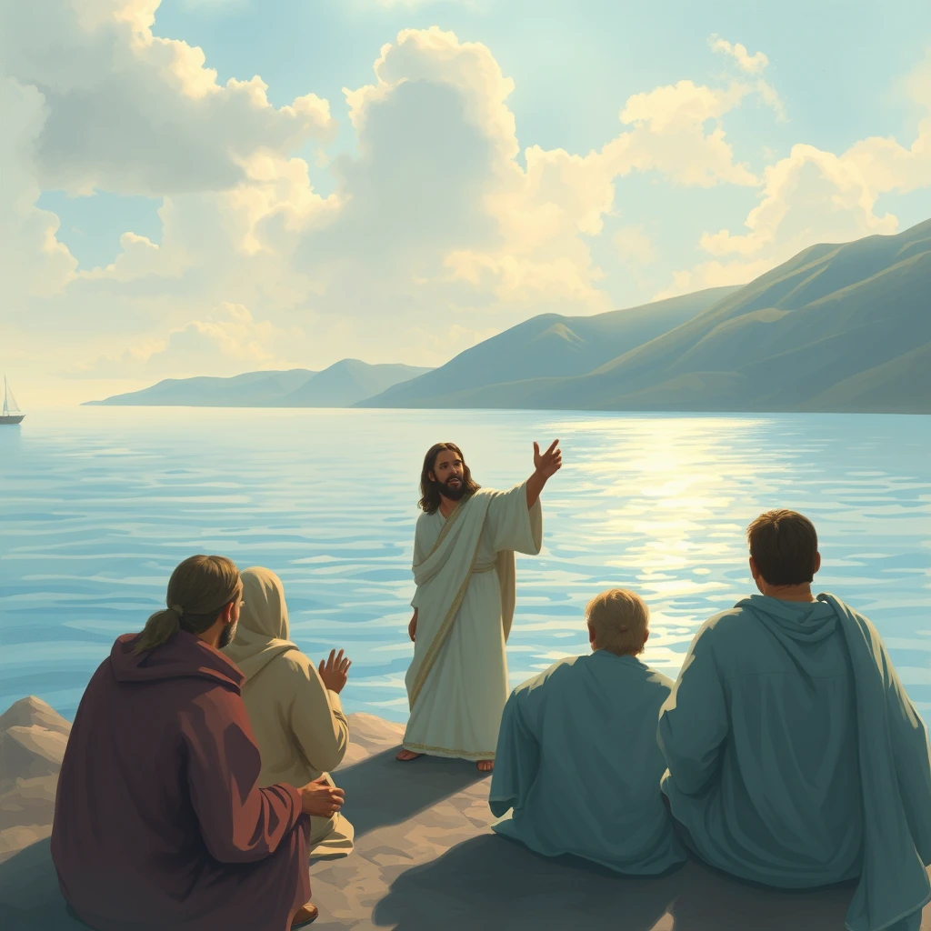 'Jesus preaches to his disciples at the Sea of Galilee.' - Image