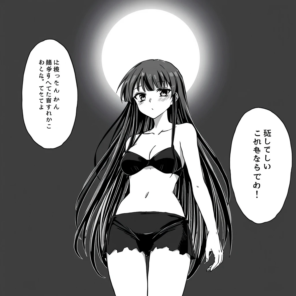 Girl with long, black hair in a black bikini. In the background, a black sky with a big, bright moon. Manga, grayscale.