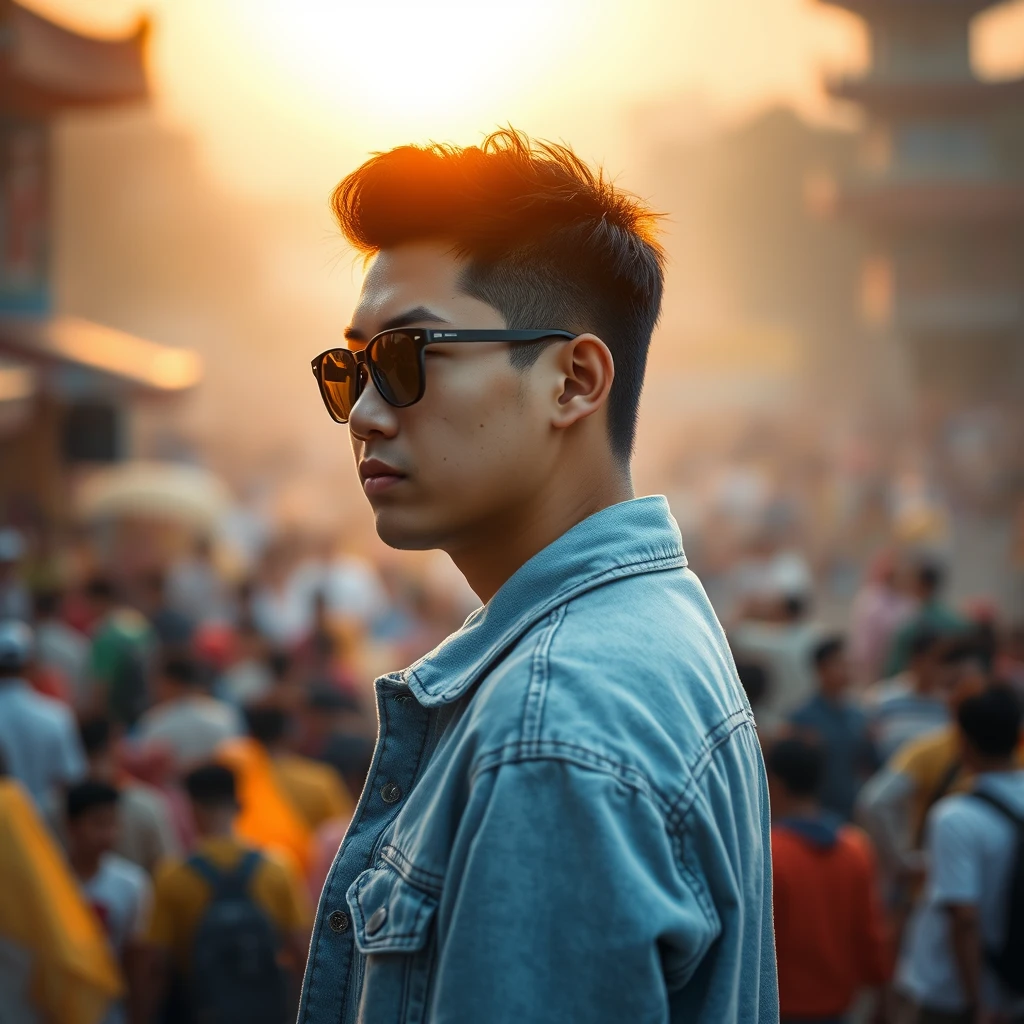 Side profile of a young Chinese man. He is wearing a light blue jean jacket, black sunglasses and a slightly serious expression. In the background, there is a golden sunset, and in the distance, there is a crowded scene, as if it is some kind of gathering or activity. The overall visual experience is one of shock and hazy beauty, and the characters and the background create a unique sense of atmosphere.

Translated with DeepL.com (free version) - Image