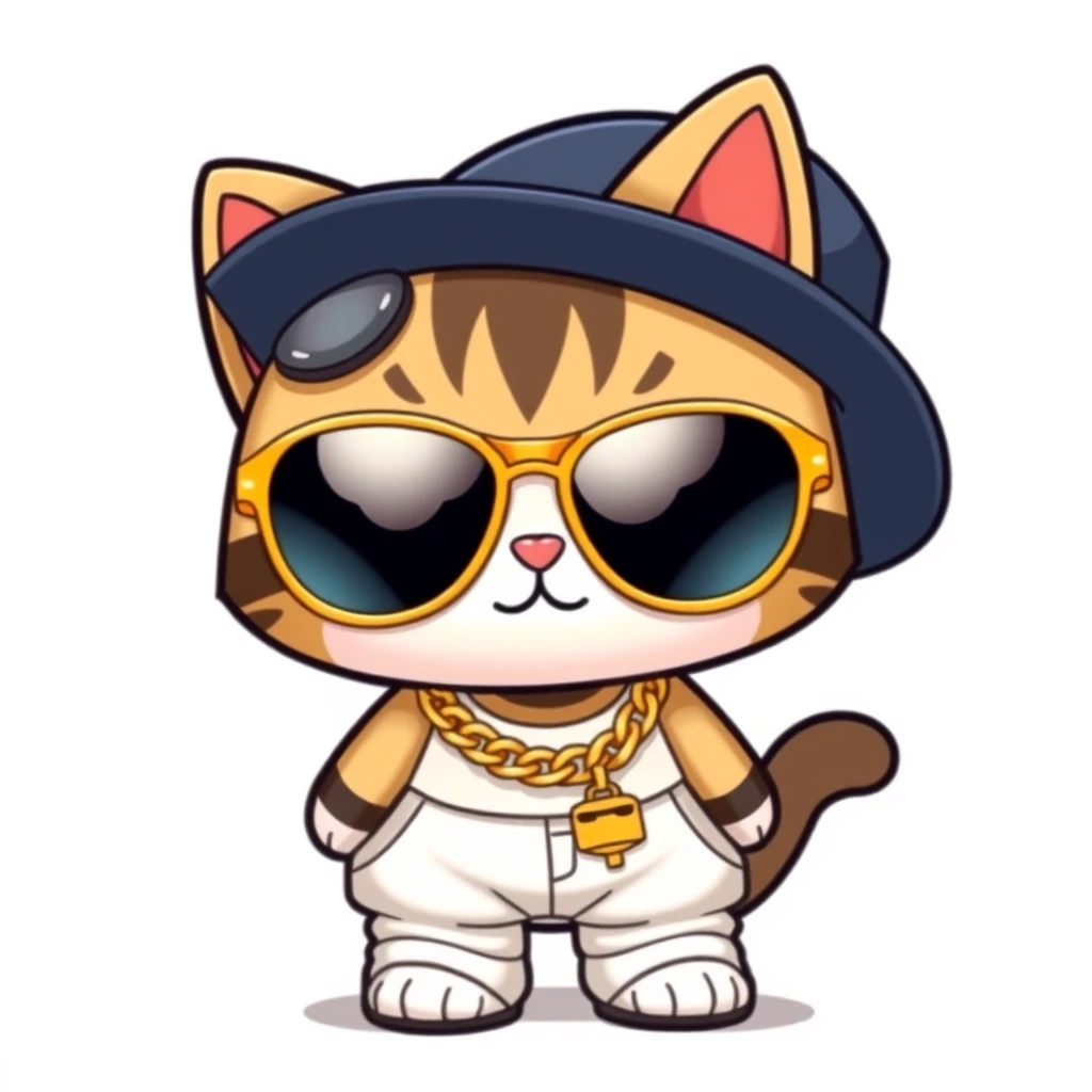 A cat figurine, 3D style, depicted in a cute Japanese chibi (two-head) style, wearing hip-hop style clothing such as oversized sunglasses, a gold chain, baggy pants, and a hat. Overall style is cartoonish and adorable, background is white. - Image