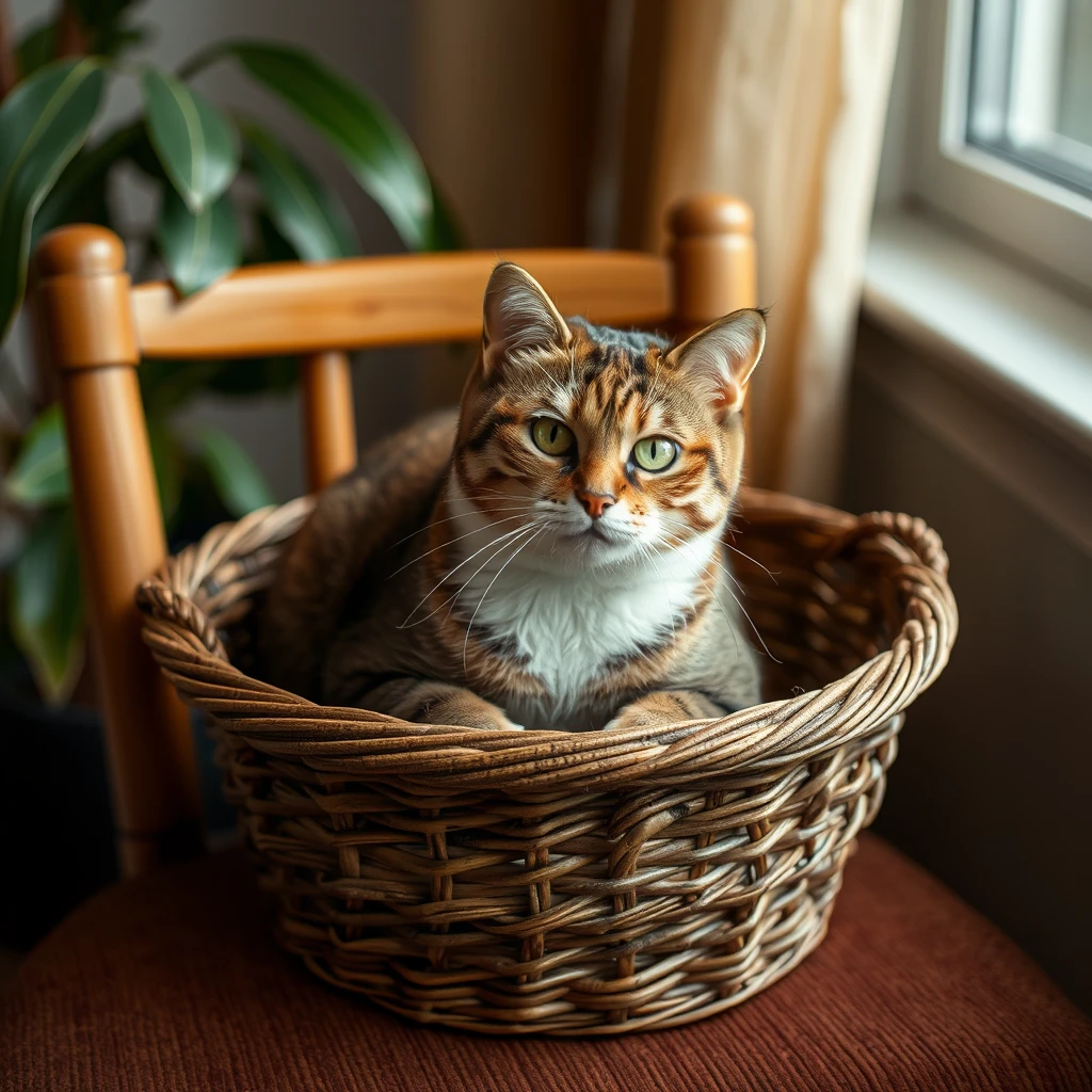 Cat placed in basket on a chair