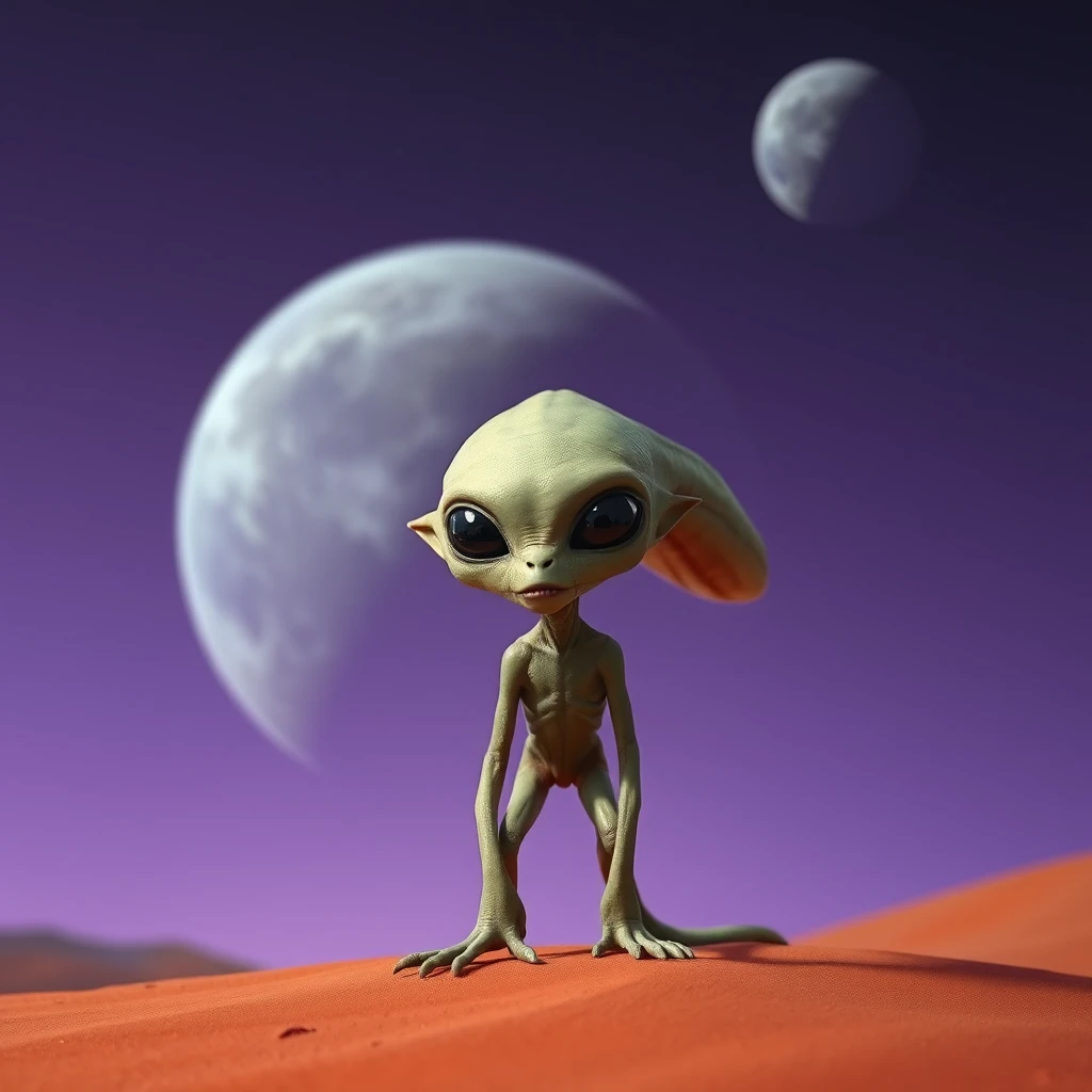 Alien creature, hairless, red sand, large planet in the sky, purple night sky.