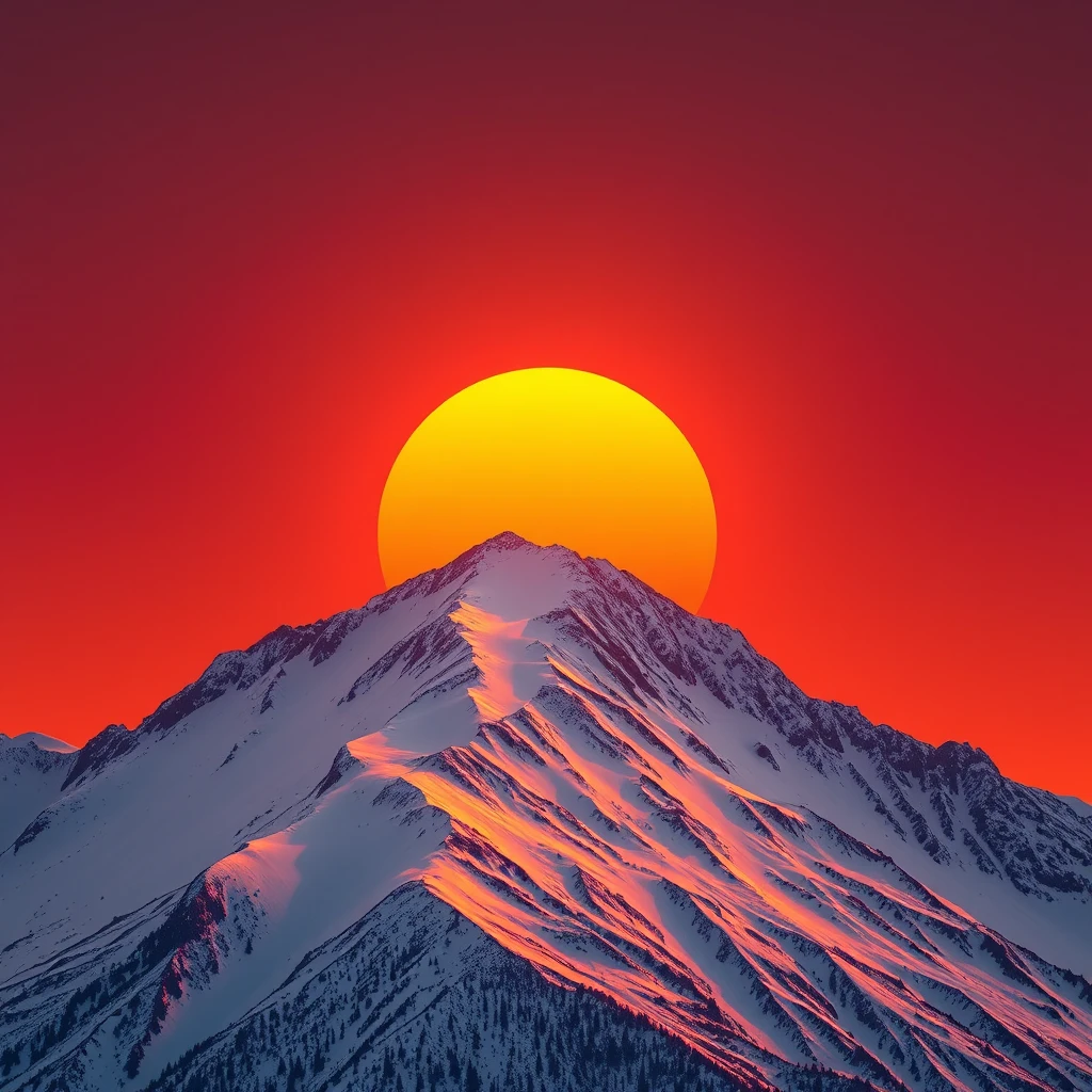 A sun back with a snow mountain at sunset.