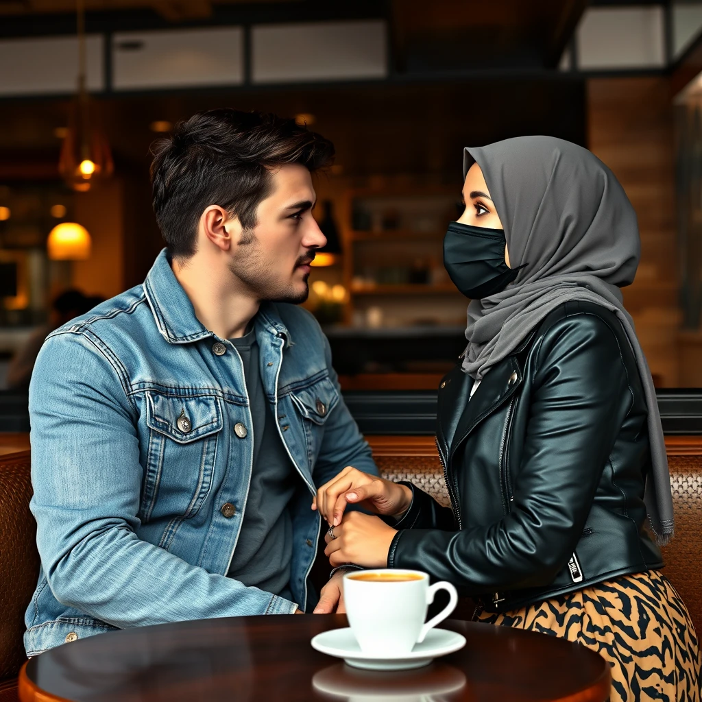 Jamie Dornan's head and body shot, handsome, black face mask, blue jeans jacket, jeans, dating a Muslim girl in a grey hijab, beautiful eyes, black face mask, black leather jacket, wearing the biggest tiger pattern skirt, at a cafe, two cups of espresso on the table, looking at each other, photorealistic.