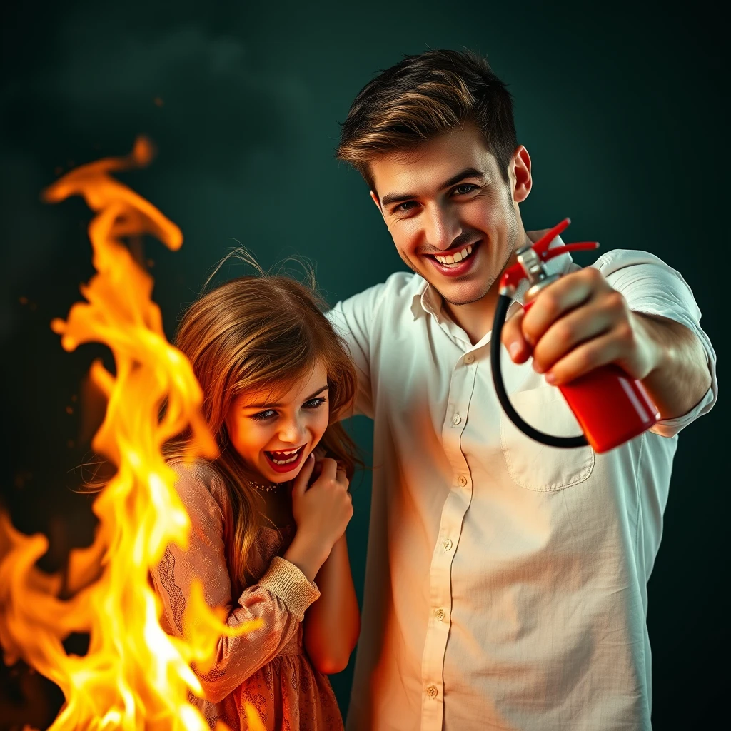 A 20-year-old smiling white Italian man holding a "fire extinguisher flamethrower," pointing at a "screaming green-eyed redhead girl in a fetal position, crying, engulfed in flames." - Image