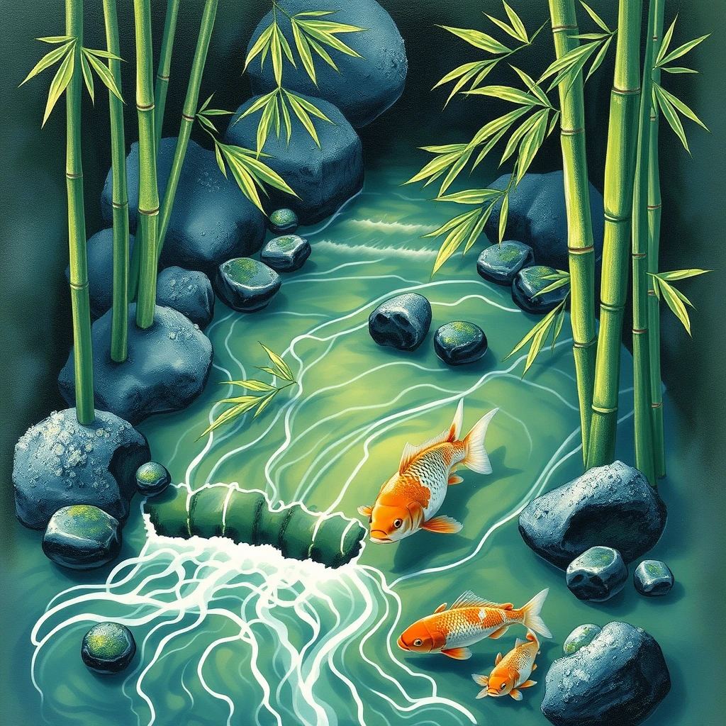 a flow with bamboo and fish