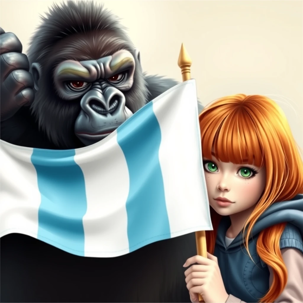 A fierce gorilla holding a three-striped flag in light blue, white, and light blue colors, next to a cute ginger-haired teenage girl with green eyes and bangs. - Image