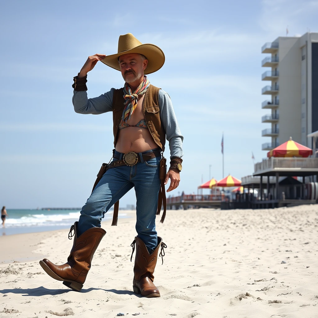 A photo-realistic picture of an old West cowboy, wearing a giant hat and giant boots, with his wife, who is a bikini-clad model, spending a day at the beach on the Jersey Shore. - Image