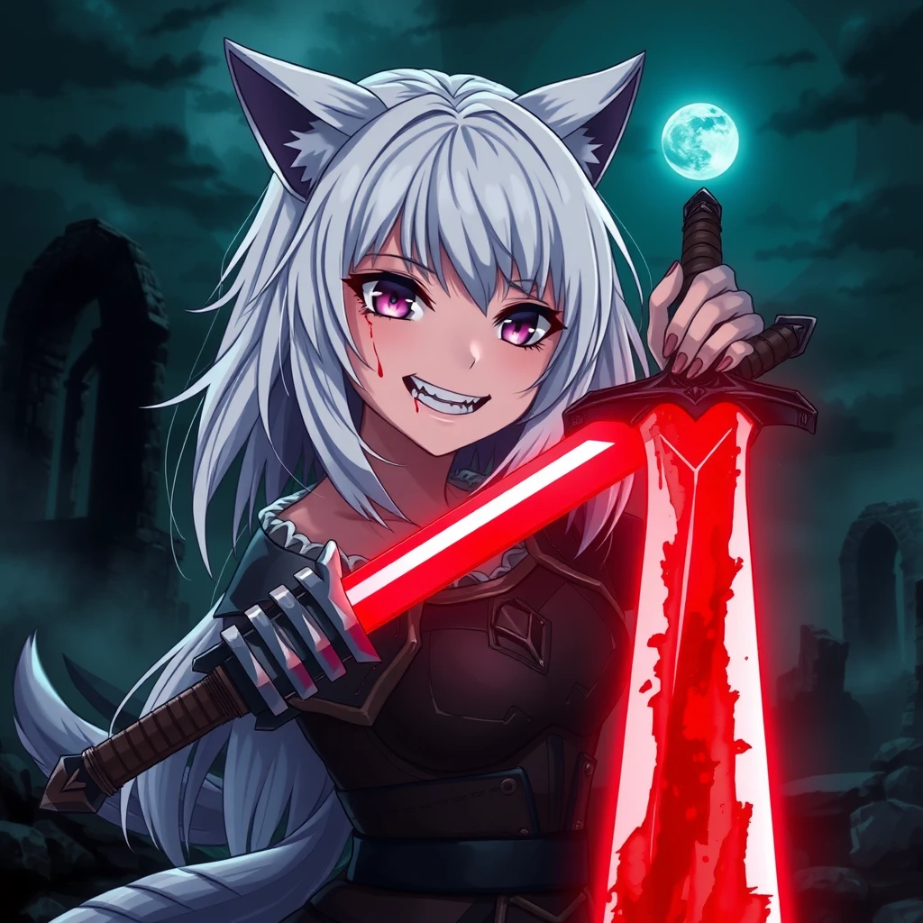 Anime girl with fangs and medium-length white hair, wolf ears, and a tail, sporting purple eyes and an evil grin with blood on her face, holds a sword in her right hand. The sword is glowing light red and covered in blood. The girl is wearing armor, and old ruins can be seen in the background. It is dark and foggy, with a full moon in the sky. Dramatic, dynamic, cinematic. - Image