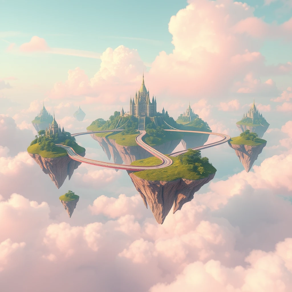 Surreal floating islands in a pastel sky, connected by rainbow bridges. - Image