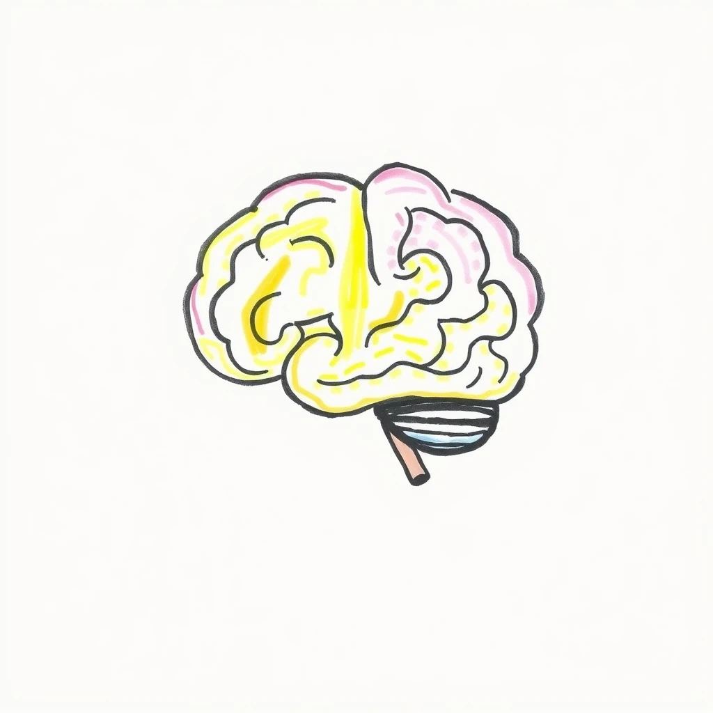 A simple child-like drawing of a brain that stretches like plasticine set against a white background. The illustration features thick, crayon-like lines and minimal colors to mimic a drawing created by a child. The style is playful and simplistic, capturing the essence of a child's drawing with a focus on simplicity and a limited pastel color palette.