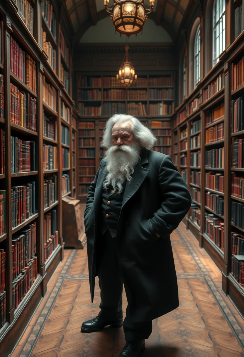 Karl Marx in a library, photorealistic - Image