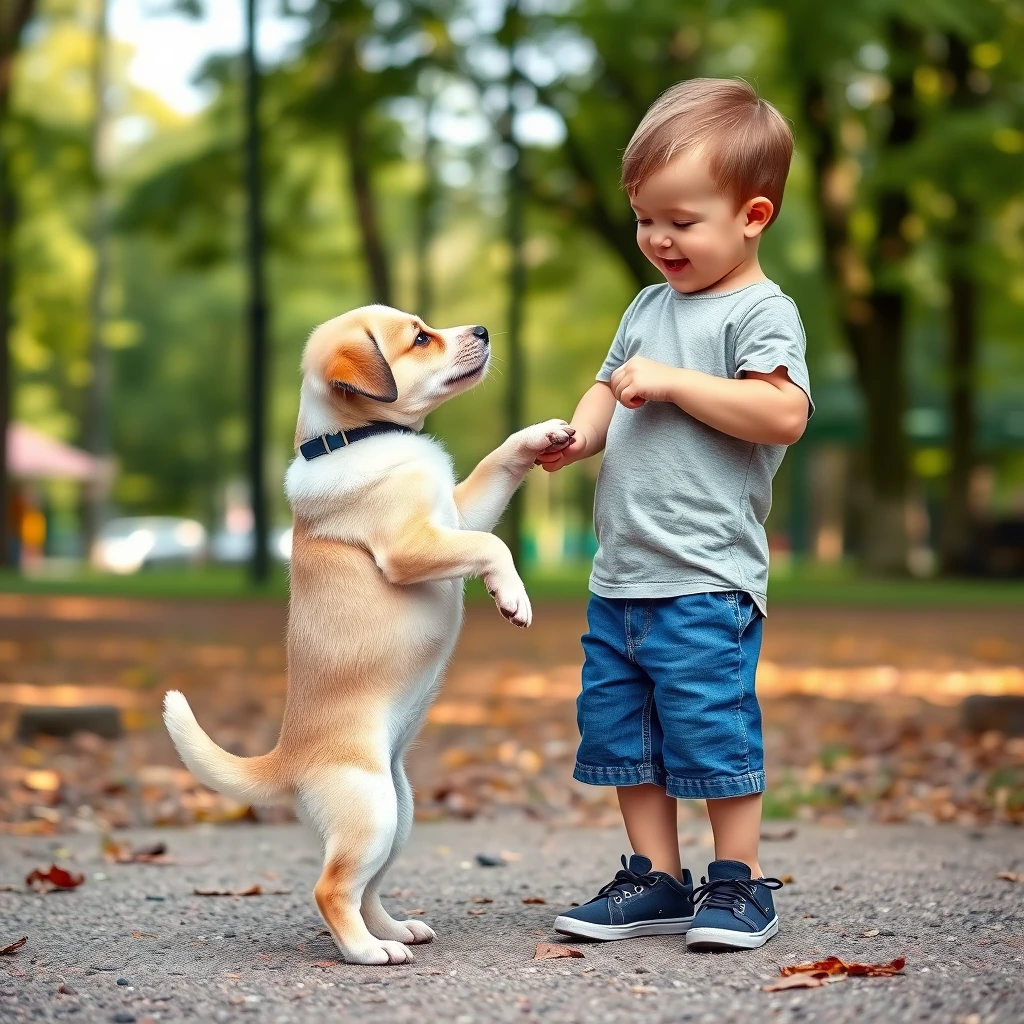 A playful puppy and a young boy are standing in a park together. The puppy is balanced on its hind legs trying to mimic the boy's stance, wagging its tail excitedly as they engage in a friendly game. The boy is encouraging the puppy with a joyful smile, creating a heartwarming scene of companionship and curiosity.