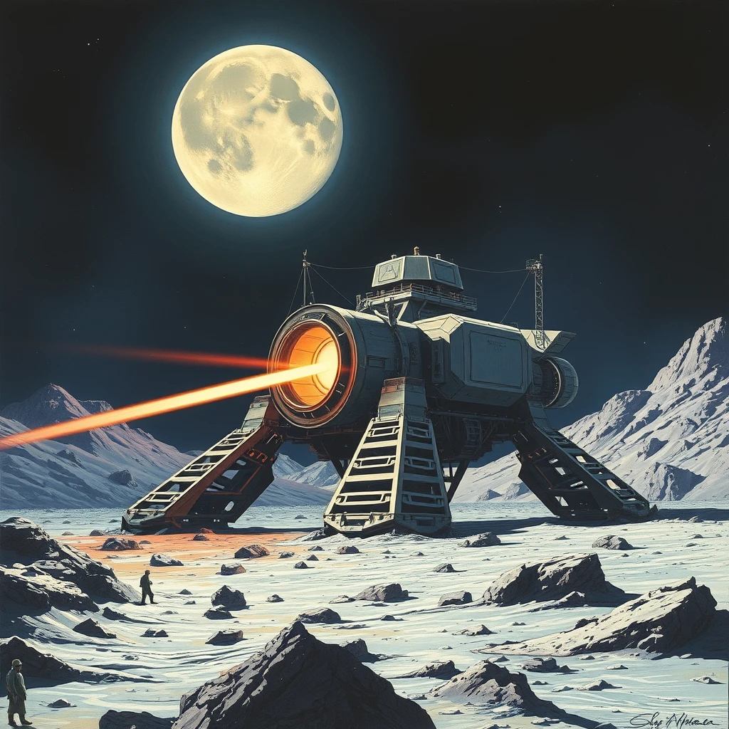 large laser mining machine, on the moon, as painted by Syd Mead.