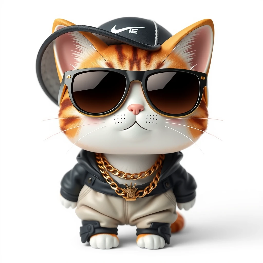 A cat figurine, 3D style, depicted in a cute Japanese chibi (two-head) style, wearing hip-hop style clothing such as oversized sunglasses, a gold chain, baggy pants, and a hat. The visual style is a realistic photo, in 8K ultra-high resolution, with a white background.