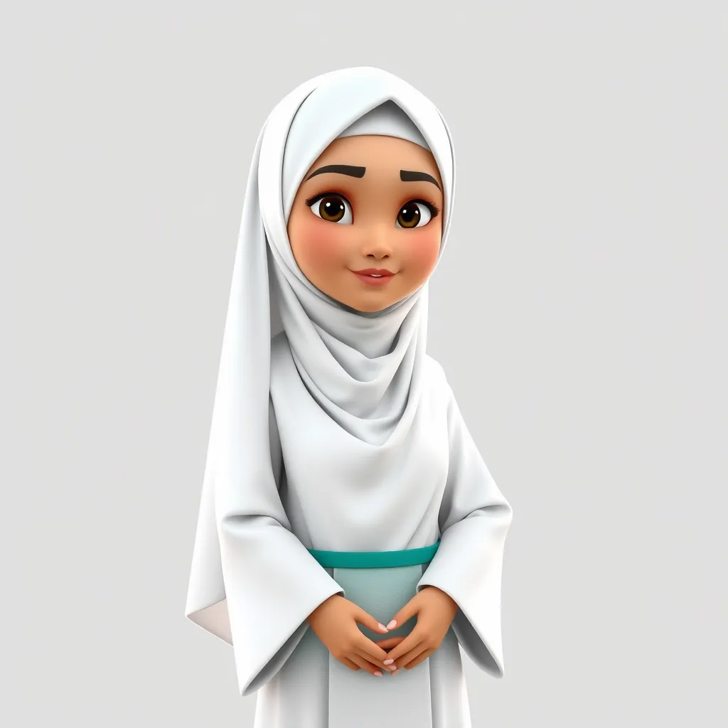 "Create a 3D animated cartoon of a Muslim woman from Palembang wearing a long white gamis. The character should be highly detailed with 8K resolution. Focus on traditional Palembang features and cultural elements."