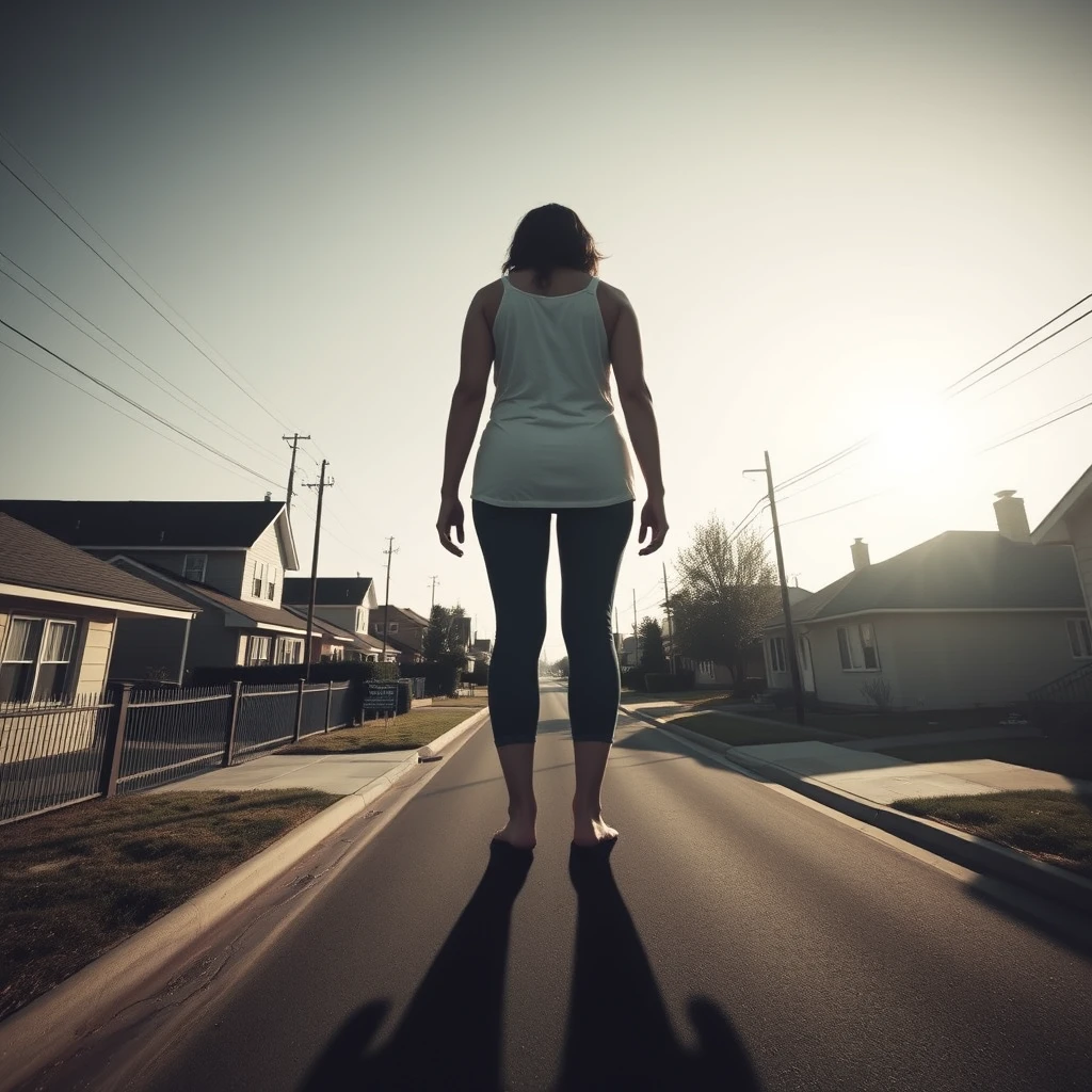 View from above, 50-meter tall giant woman standing in a neighborhood street barefoot, realistic shadow.