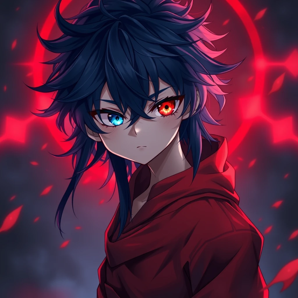 1 boy, cute boy, 8k, best quality, good quality, masterpiece, (stunning dark blue long hair:1.2), (dark red underlight hair:1.3), (heterochromia) ((dark blue left eye:1.3)) and ((red right eye: 1.3)), (dark theme:1.3), (dark atmosphere:1.3), wild hair, glowing eyes, high resolution, slim waist, messy hair, ((red and dark blue clothes)).