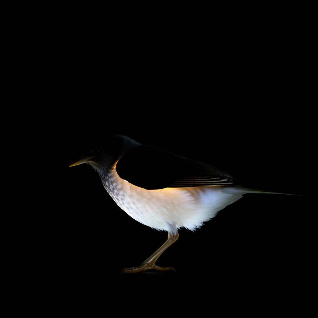 A bird with a glowing body against a black background. - Image