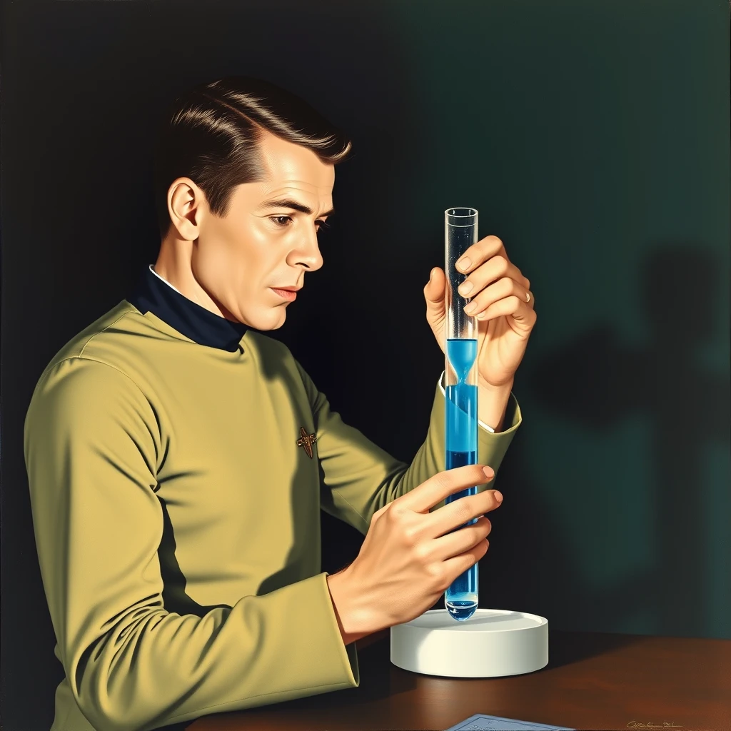 Deforest Kelly looks at a test tube of blue fluid, 1966 USS Enterprise, as painted by Arthur Sarnoff.