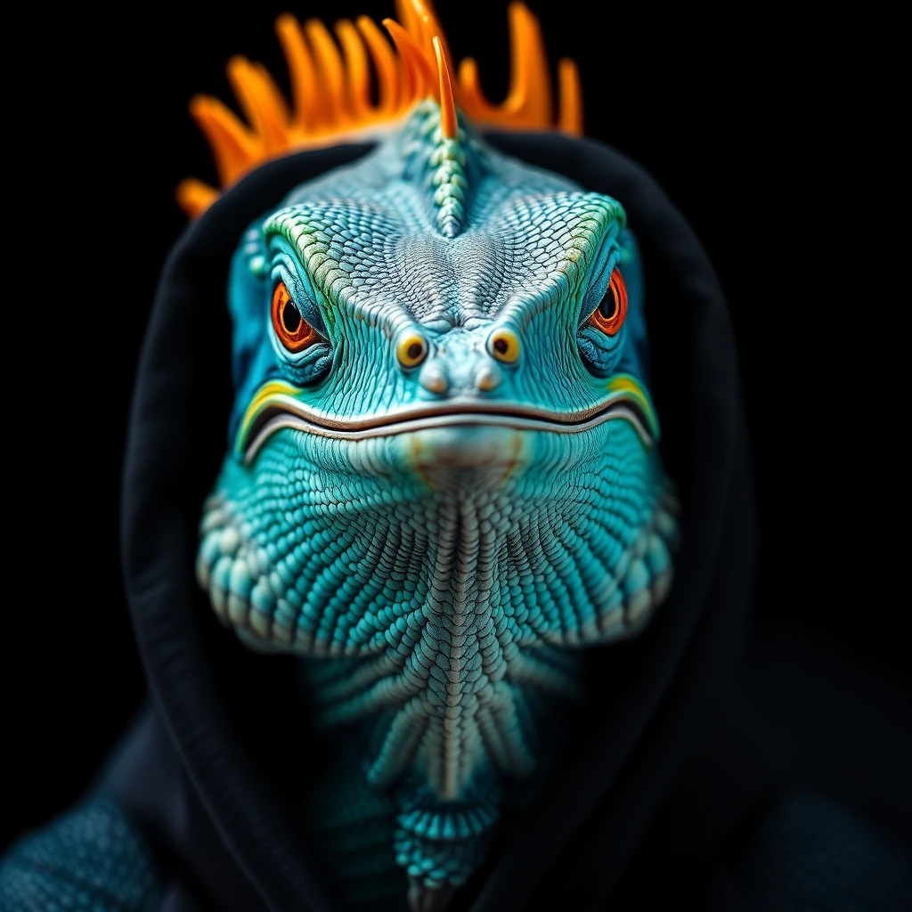 Close-up portrait of a majestic iguana with vibrant blue-green scales, piercing amber eyes, and an orange spiky crest. Intricate textures and details are visible on its scaly skin. Wrapped in a dark hood, it gives a regal appearance. Dramatic lighting against a black background. Hyper-realistic, high-resolution image showcasing the reptile's expressive features and coloration.