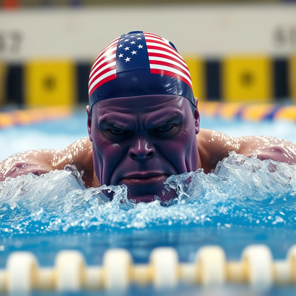 "A Thanos with a purple head is competing in swimming, wearing a swimming cap with the American flag, in a realistic style, capturing the swimming action, wide-angle photo."