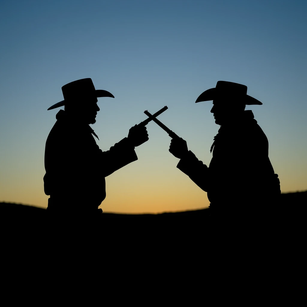 Two cowboys are facing each other in silhouette before a duel. - Image